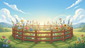 울타리로 둘러싸인 작은 화단에 해바라기, 장미 등 다양한 꽃들이 만발한 아름다운 정원의 풍경.