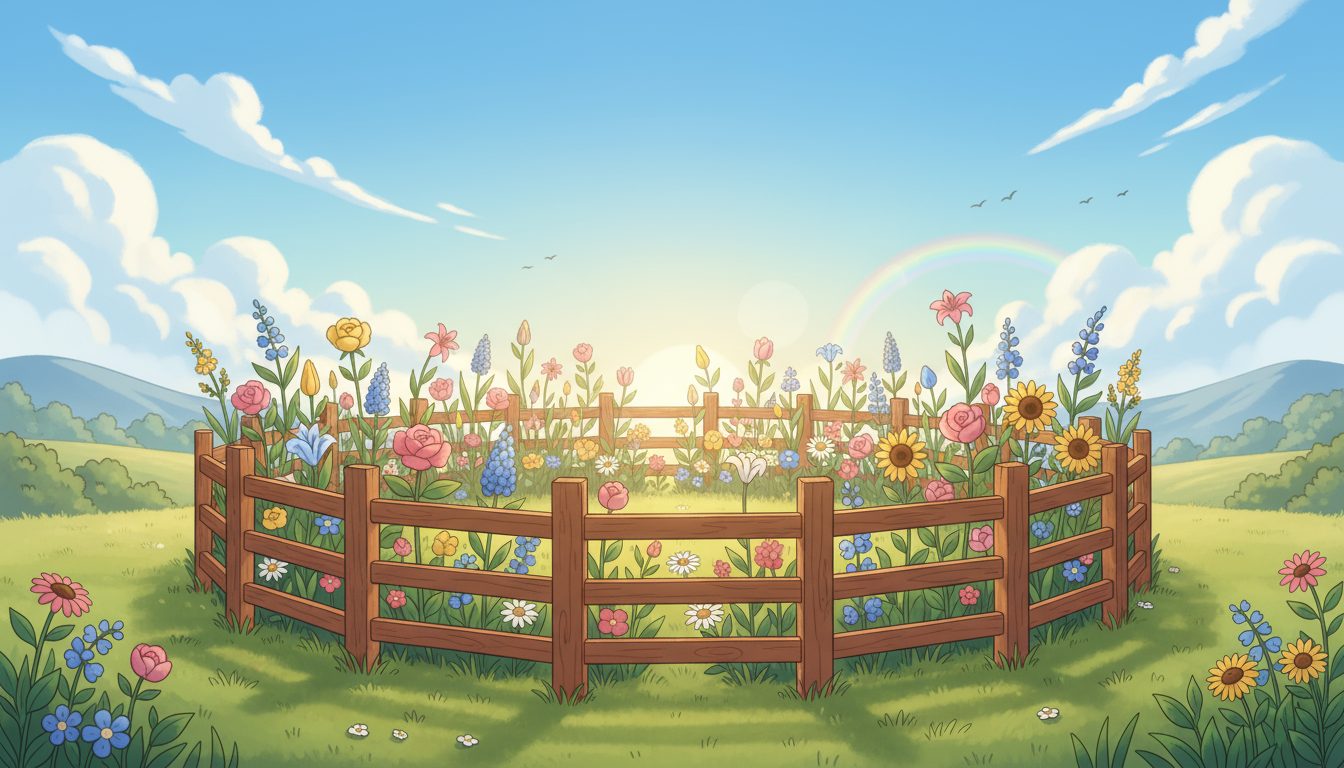 기분 좋게 아침을 시작하는 5분 모닝 리추얼 만들기 1 울타리로 둘러싸인 작은 화단에 해바라기, 장미 등 다양한 꽃들이 만발한 아름다운 정원의 풍경.