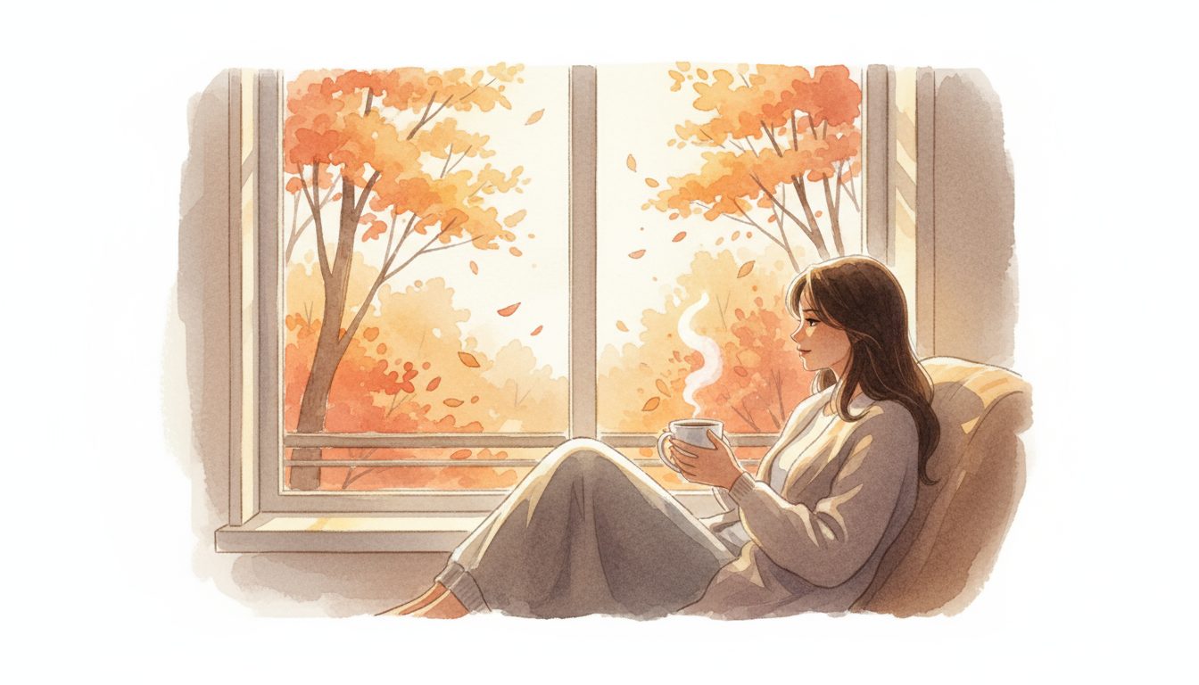 아침에 눈 뜨기 힘들 때 이불 밖으로 나오는 5분 루틴 1 창가에 앉아 커피를 마시며 붉게 물든 가을 풍경을 바라보는 여성의 수채화 그림