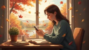 창밖의 단풍 풍경을 배경으로 테이블에 앉아 스마트폰을 보고 있는 여성의 일러스트