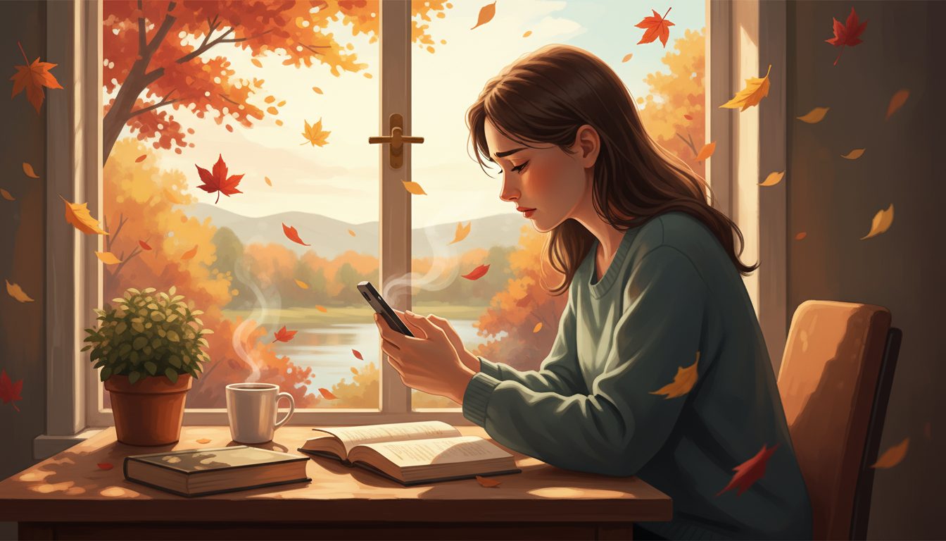 TMI 남발하는 사람에게 센스 있게 대처하는 노하우 1 창밖의 단풍 풍경을 배경으로 테이블에 앉아 스마트폰을 보고 있는 여성의 일러스트