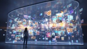 거대한 곡면 스크린에 수많은 사진과 이미지들이 떠다니는 것을 바라보는 사람의 뒷모습