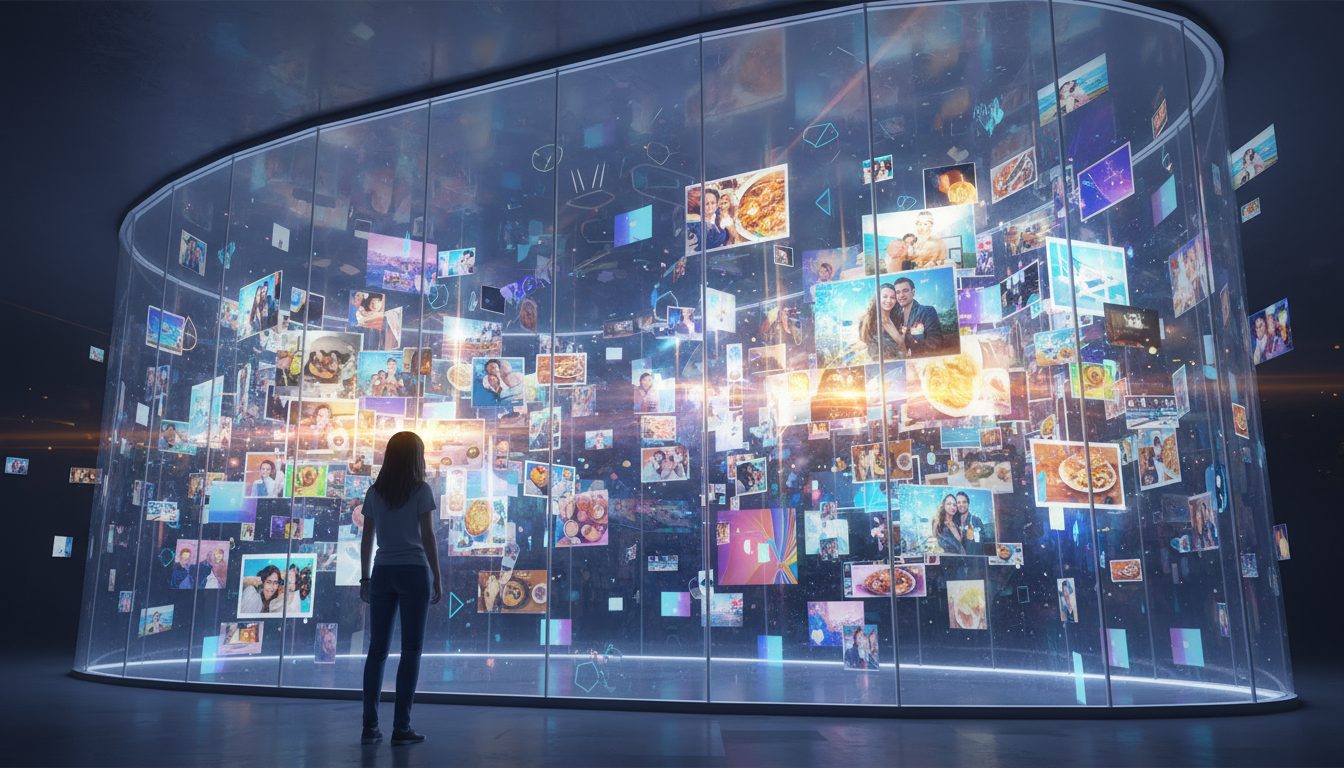 거대한 곡면 스크린에 수많은 사진과 이미지들이 떠다니는 것을 바라보는 사람의 뒷모습