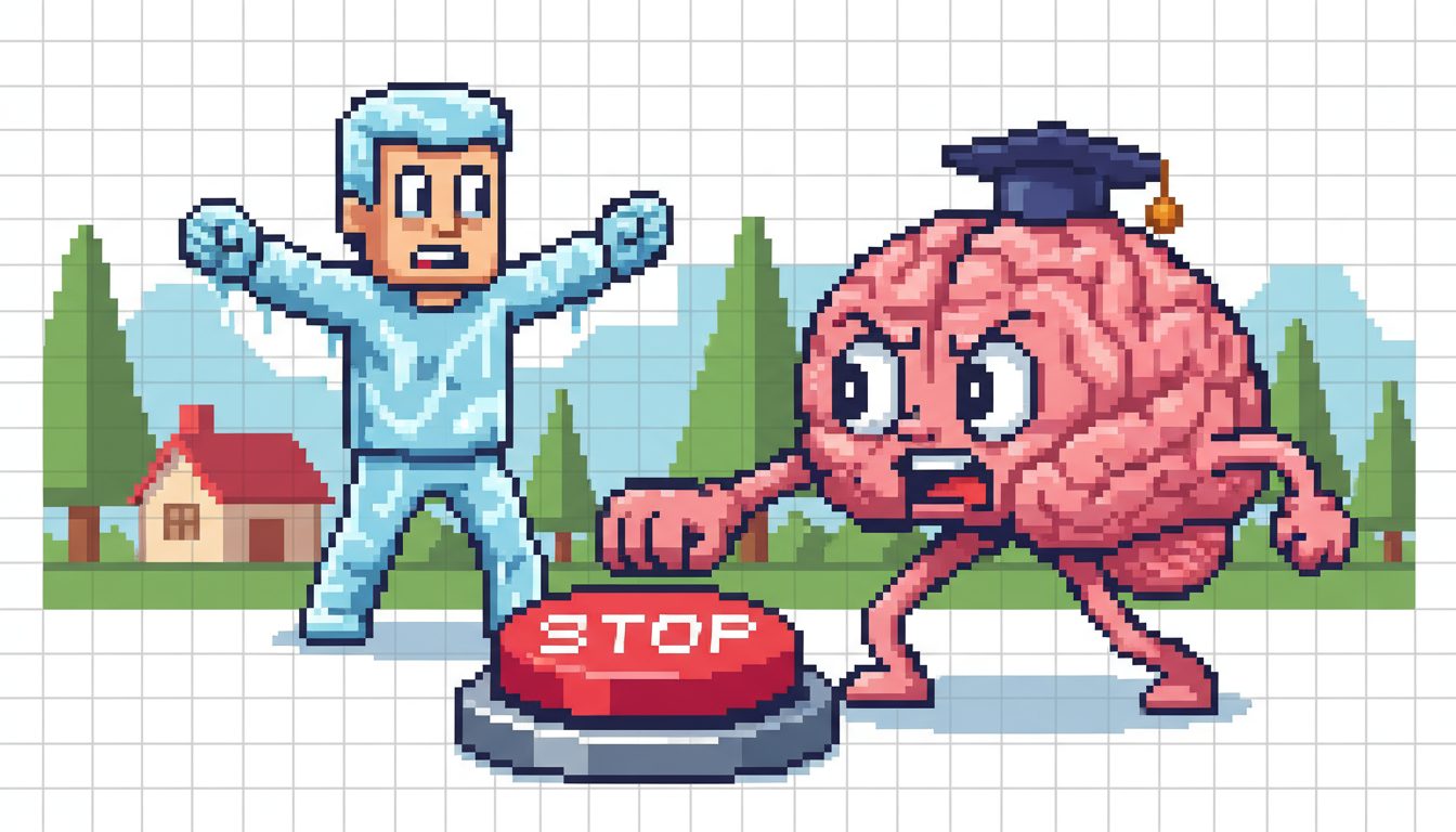 졸업 모자를 쓴 뇌 캐릭터가 'STOP' 버튼을 누르려 하고, 이를 놀란 표정으로 막으려 하는 사람