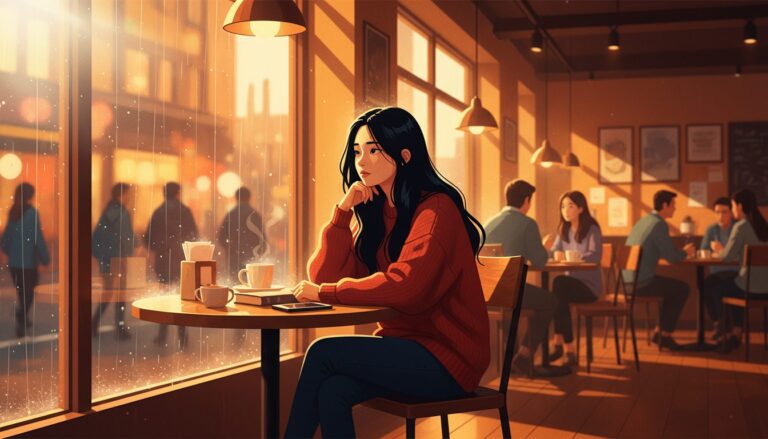 창가 테이블에 앉아 커피를 마시며 창밖의 빗방울을 응시하는 한 여성의 모습으로, 따뜻한 조명이 고독한 분위기를 자아낸다.