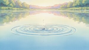 돌멩이가 수면에 떨어져 잔잔한 물결을 일으키는, 평화로운 호수 풍경 애니메이션 그림