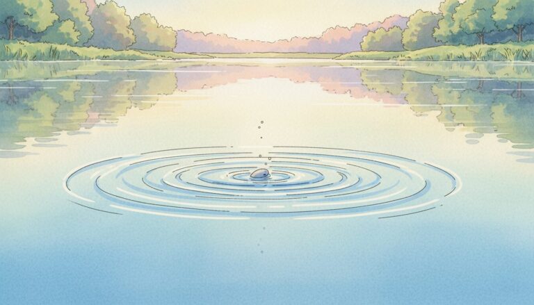 돌멩이가 수면에 떨어져 잔잔한 물결을 일으키는, 평화로운 호수 풍경 애니메이션 그림