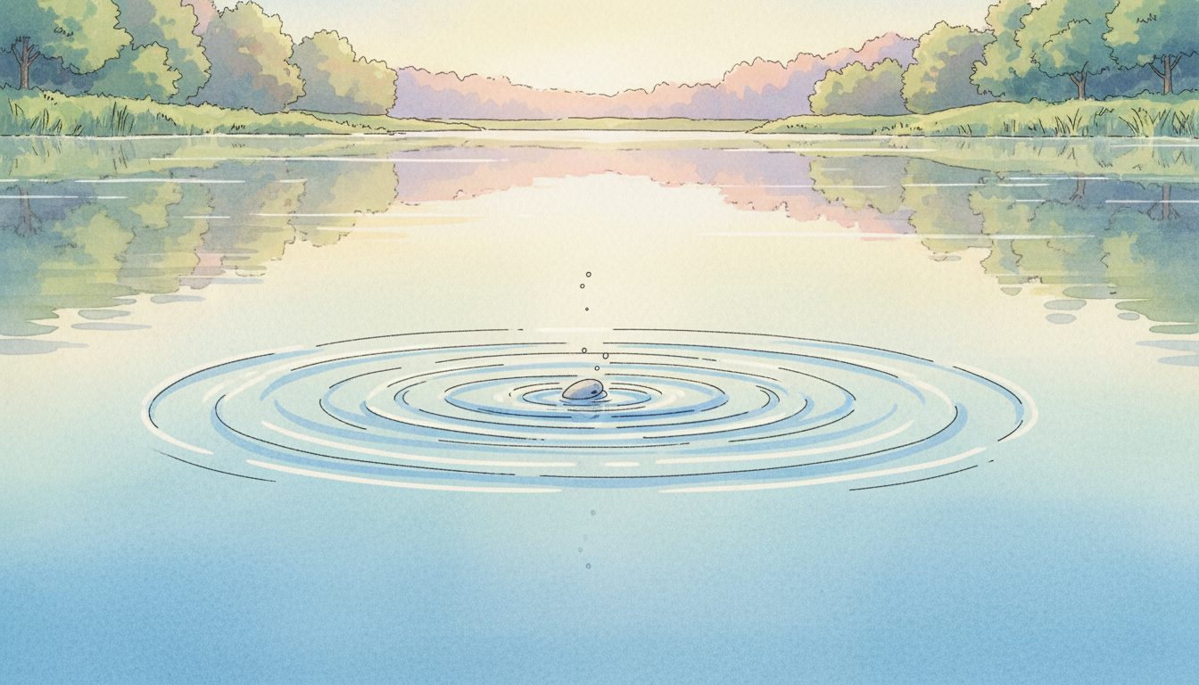돌멩이가 수면에 떨어져 잔잔한 물결을 일으키는, 평화로운 호수 풍경 애니메이션 그림