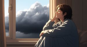 창가에 앉아 눈을 감고 햇살을 느끼는 사람의 옆모습