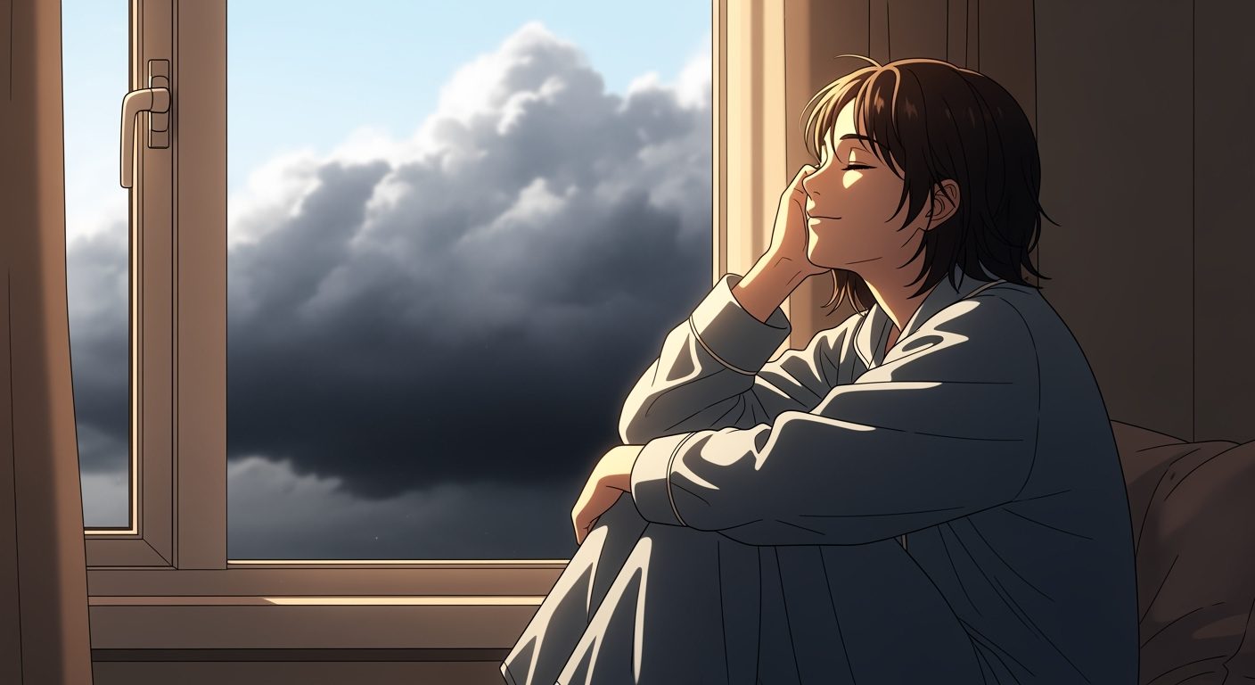 창가에 앉아 눈을 감고 햇살을 느끼는 사람의 옆모습