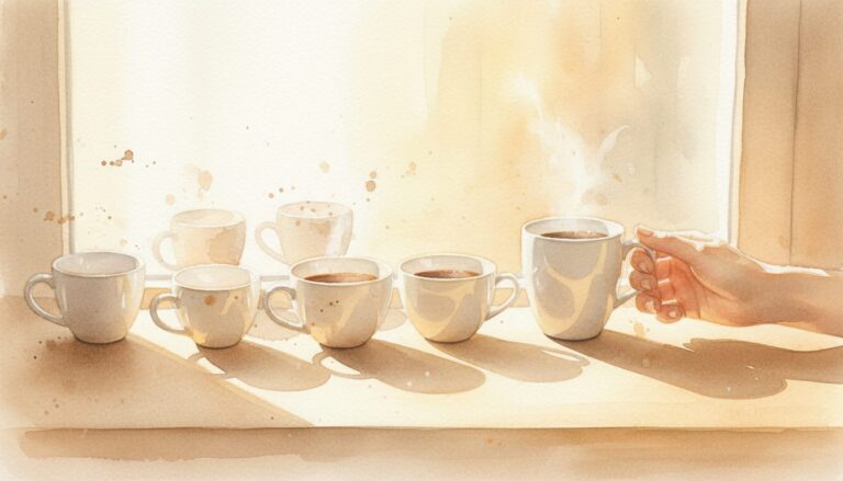 창가에 놓인 여러 개의 찻잔과 커피잔 중 한 잔을 손으로 잡는 수채화 일러스트