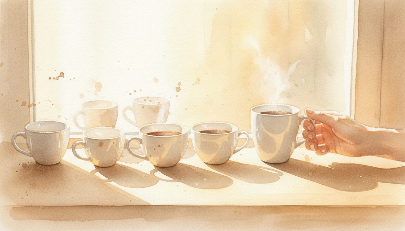 인간관계 손절 고민될 때 후회 없이 관계 정리하는 법 1 창가에 놓인 여러 개의 찻잔과 커피잔 중 한 잔을 손으로 잡는 수채화 일러스트
