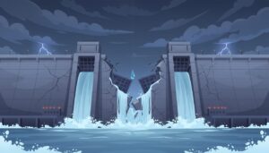 폭풍우가 치는 하늘 아래, 중앙부가 무너져 내리는 낡은 댐과 쏟아지는 물