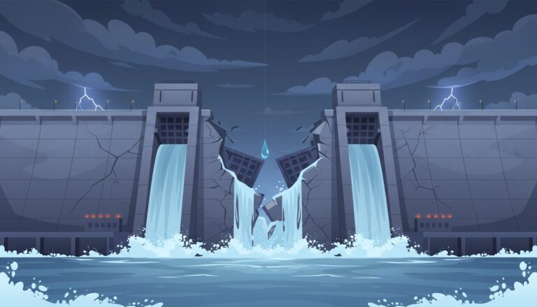 생각이 너무 많아 오히려 아무것도 시작하지 못할 때 1 폭풍우가 치는 하늘 아래, 중앙부가 무너져 내리는 낡은 댐과 쏟아지는 물