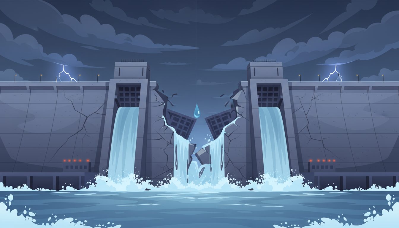 폭풍우가 치는 하늘 아래, 중앙부가 무너져 내리는 낡은 댐과 쏟아지는 물