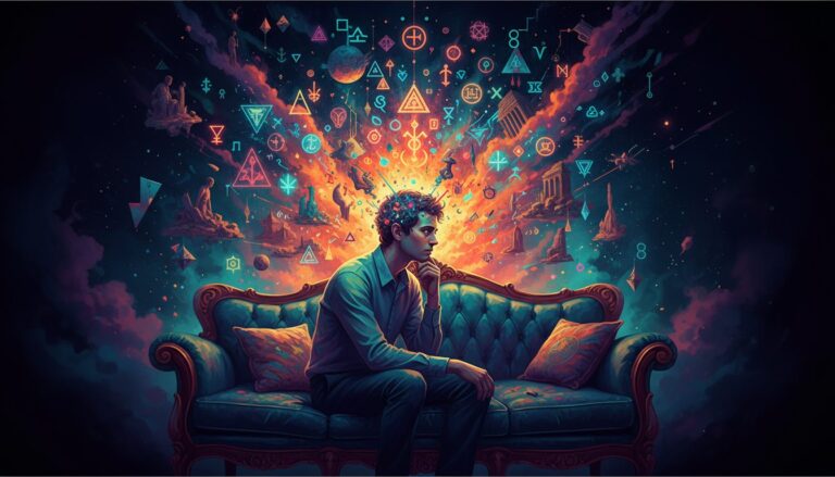 소파에 앉아 사색에 잠긴 남성의 머리 위로 다양한 기호와 상징들이 폭발하듯 쏟아져 나오는 모습