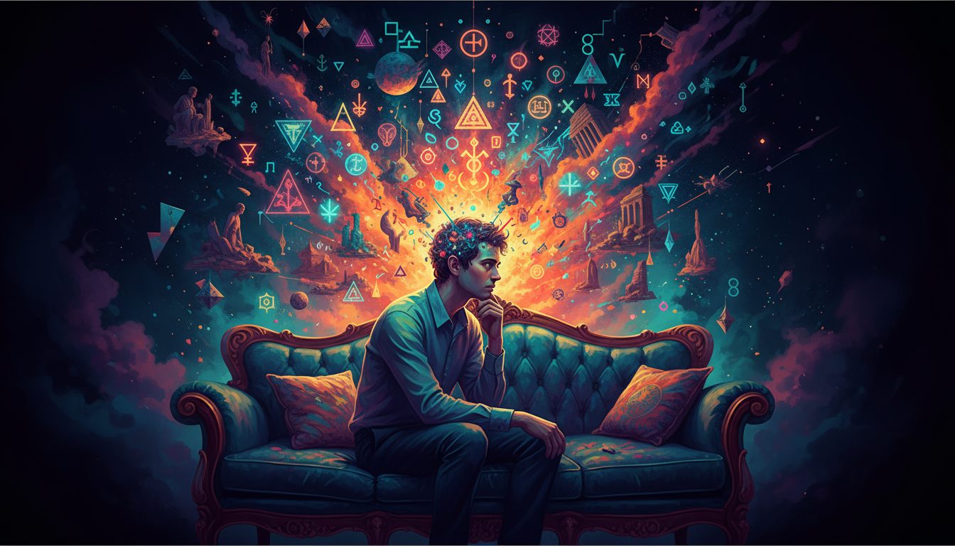 소파에 앉아 사색에 잠긴 남성의 머리 위로 다양한 기호와 상징들이 폭발하듯 쏟아져 나오는 모습