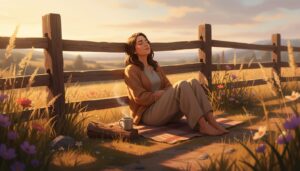 해 질 녘 들판에서 나무 울타리에 기대 앉아 따뜻한 차와 함께 휴식을 취하는 여성.