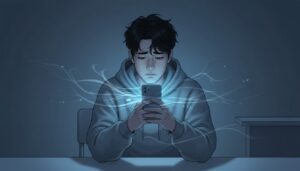 어두운 방에서 혼자 앉아 스마트폰 화면에서 뿜어져 나오는 푸른 빛과 연기에 둘러싸여 슬픈 표정을 짓고 있는 젊은 남성