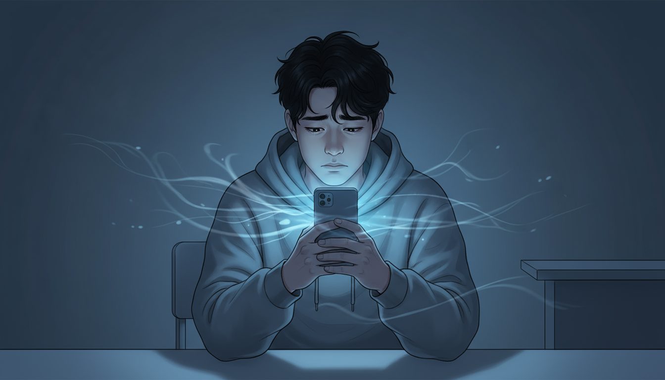 에너지 뱀파이어 특징 나를 지치게 만드는 사람 구별법 1 어두운 방에서 혼자 앉아 스마트폰 화면에서 뿜어져 나오는 푸른 빛과 연기에 둘러싸여 슬픈 표정을 짓고 있는 젊은 남성