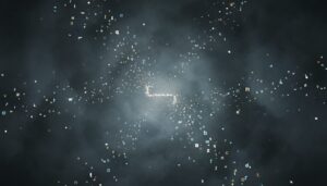 어두운 배경에 빛나는 수많은 알파벳 문자들이 흩뿌려져 있고, 중앙으로 수렴하며 어떤 형태를 이루는 추상적인 이미지