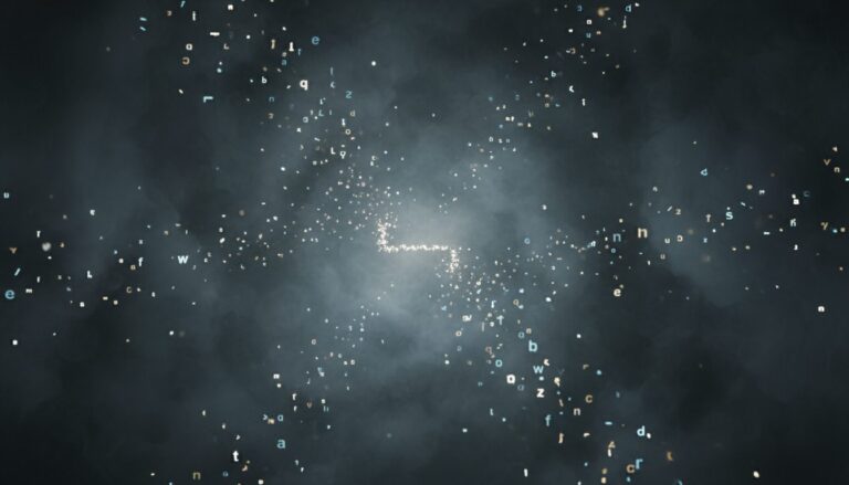 어두운 배경에 빛나는 수많은 알파벳 문자들이 흩뿌려져 있고, 중앙으로 수렴하며 어떤 형태를 이루는 추상적인 이미지