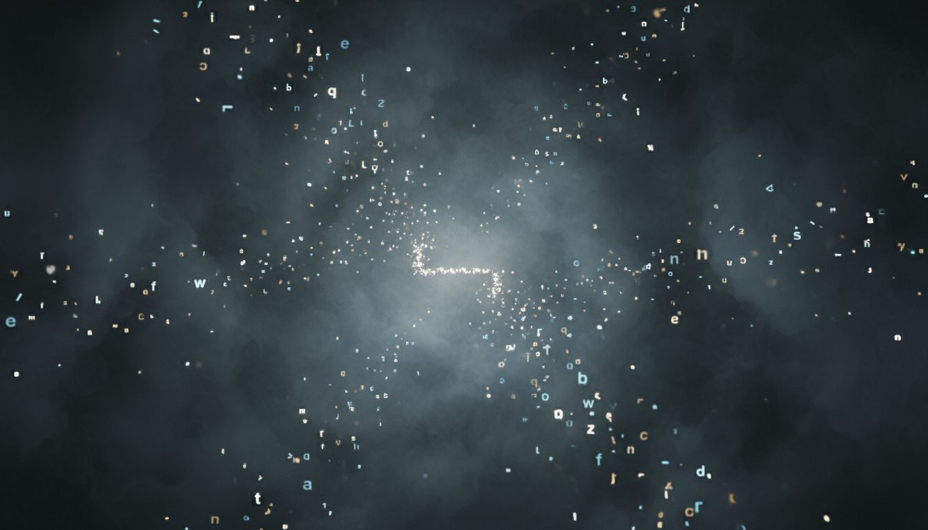 억지로 힘내라는 말 대신 무기력할 때 듣고 싶은 위로 1 어두운 배경에 빛나는 수많은 알파벳 문자들이 흩뿌려져 있고, 중앙으로 수렴하며 어떤 형태를 이루는 추상적인 이미지