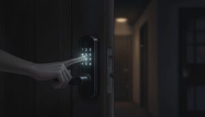 어두운 복도에서 손가락으로 문에 설치된 디지털 도어락의 비밀번호를 누르는 모습