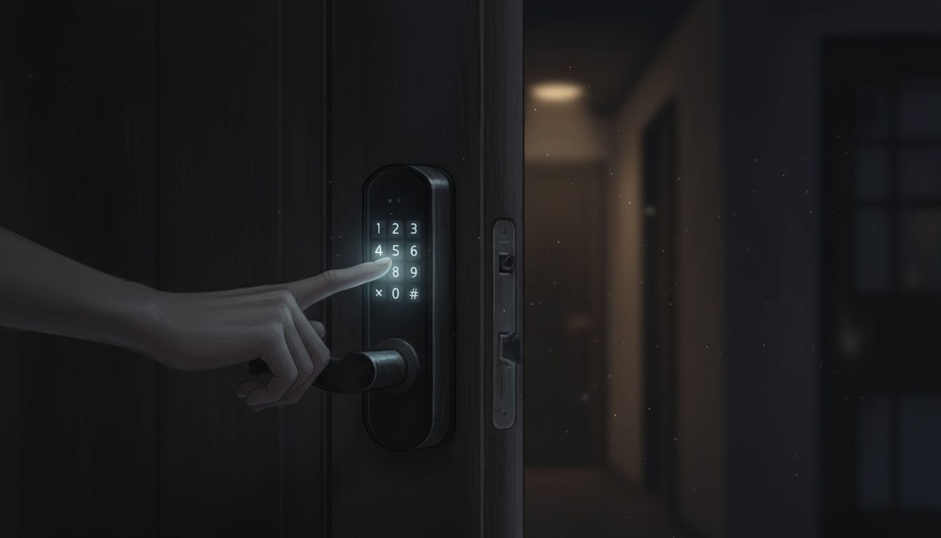퇴근 후 무기력 소파와 한 몸이 되는 직장인을 위한 팁 1 어두운 복도에서 손가락으로 문에 설치된 디지털 도어락의 비밀번호를 누르는 모습