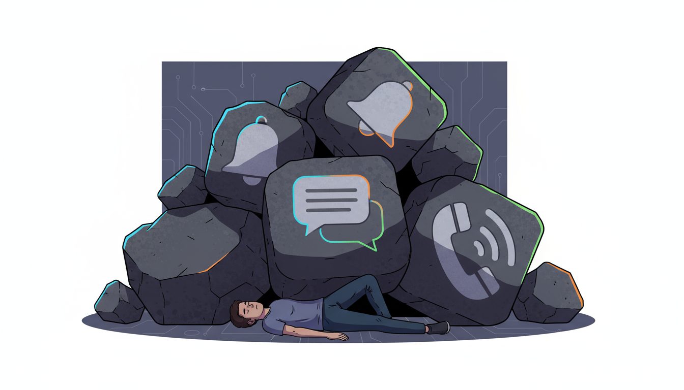 밥 챙겨 먹기도 귀찮을 때 최소한의 에너지로 식사 해결하기 1 알림, 메시지, 통화 아이콘이 새겨진 거대한 돌무더기에 짓눌려 지쳐 쓰러진 사람의 모습