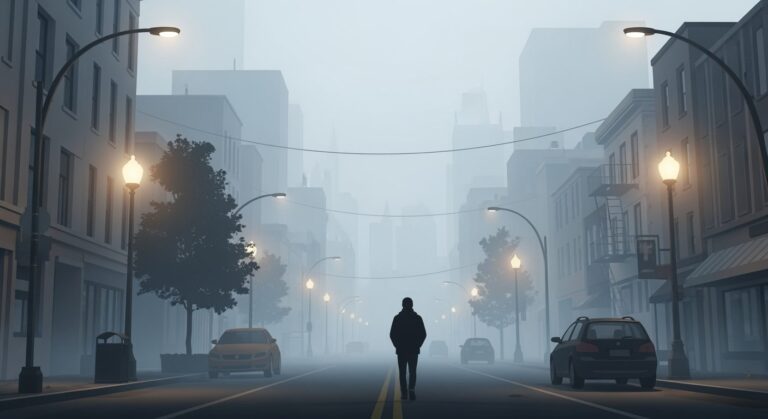 갑자기 세상 모든 것이 낯설게 느껴질 때 2 짙은 안개 낀 도시 거리 한가운데를 혼자 걸어가는 사람의 뒷모습