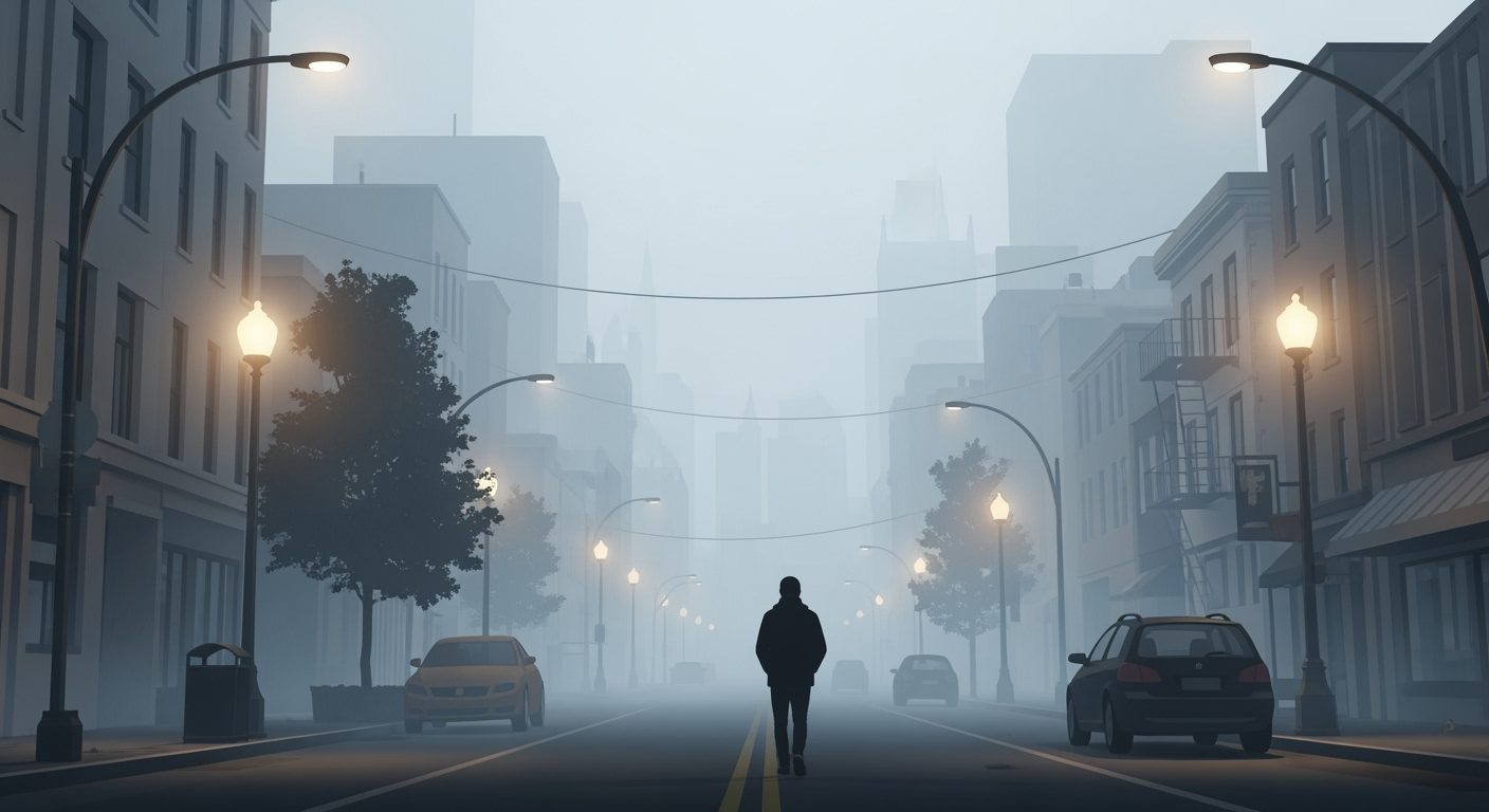 짙은 안개 낀 도시 거리 한가운데를 혼자 걸어가는 사람의 뒷모습