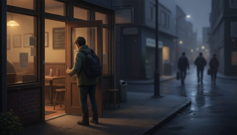 어둑한 비 오는 도시의 거리, 한 남성이 따뜻한 불빛이 새어 나오는 작은 카페 문을 열고 들어가는 뒷모습.