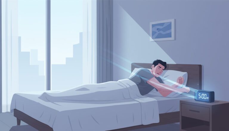 이른 아침, 창문으로 들어오는 햇살을 맞으며 침대에 누워 알람을 끄려고 손을 뻗는 남성