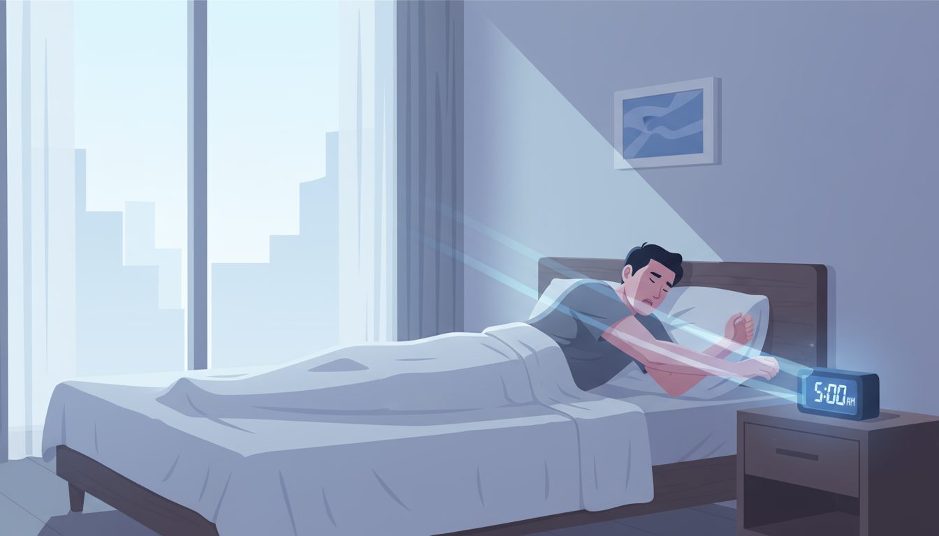 이른 아침, 창문으로 들어오는 햇살을 맞으며 침대에 누워 알람을 끄려고 손을 뻗는 남성