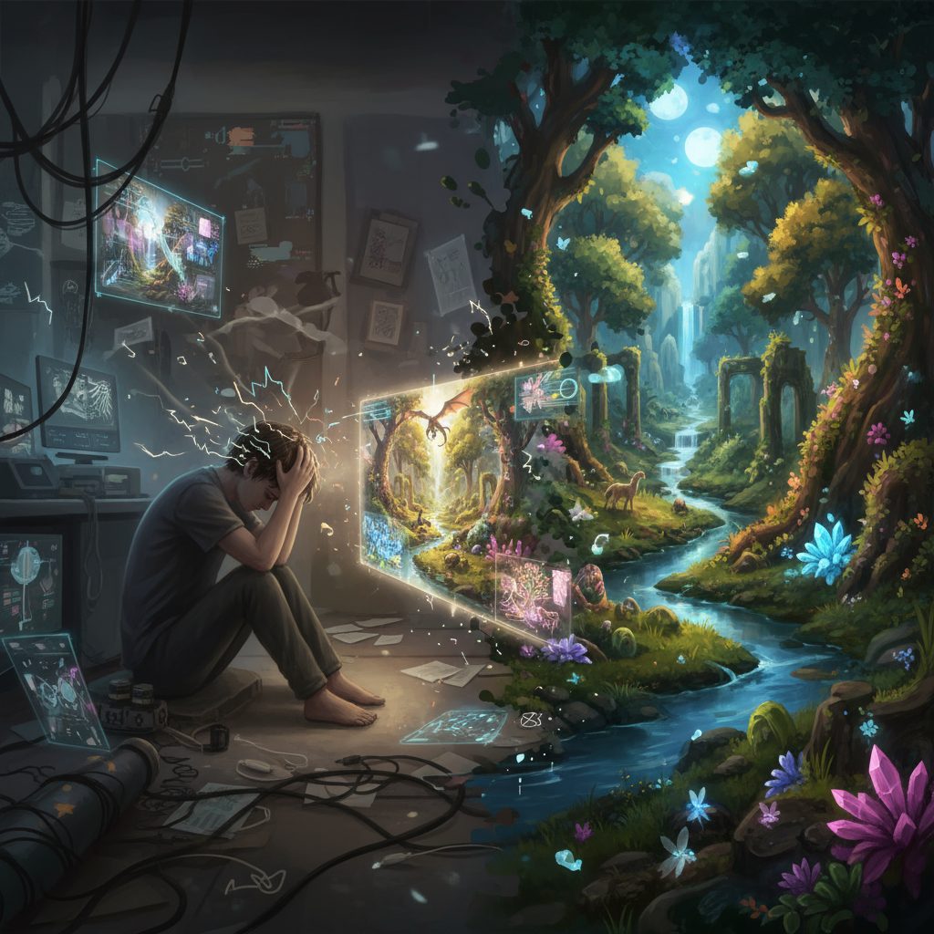 번아웃 테스트 자가진단 전 확인해야 할 내 마음의 신호 1 전자기기와 복잡한 전선으로 가득한 방에서 머리를 감싸 쥐고 앉아 있는 사람이, 환상적인 자연 풍경이 담긴 홀로그램을 바라보고 있는 모습