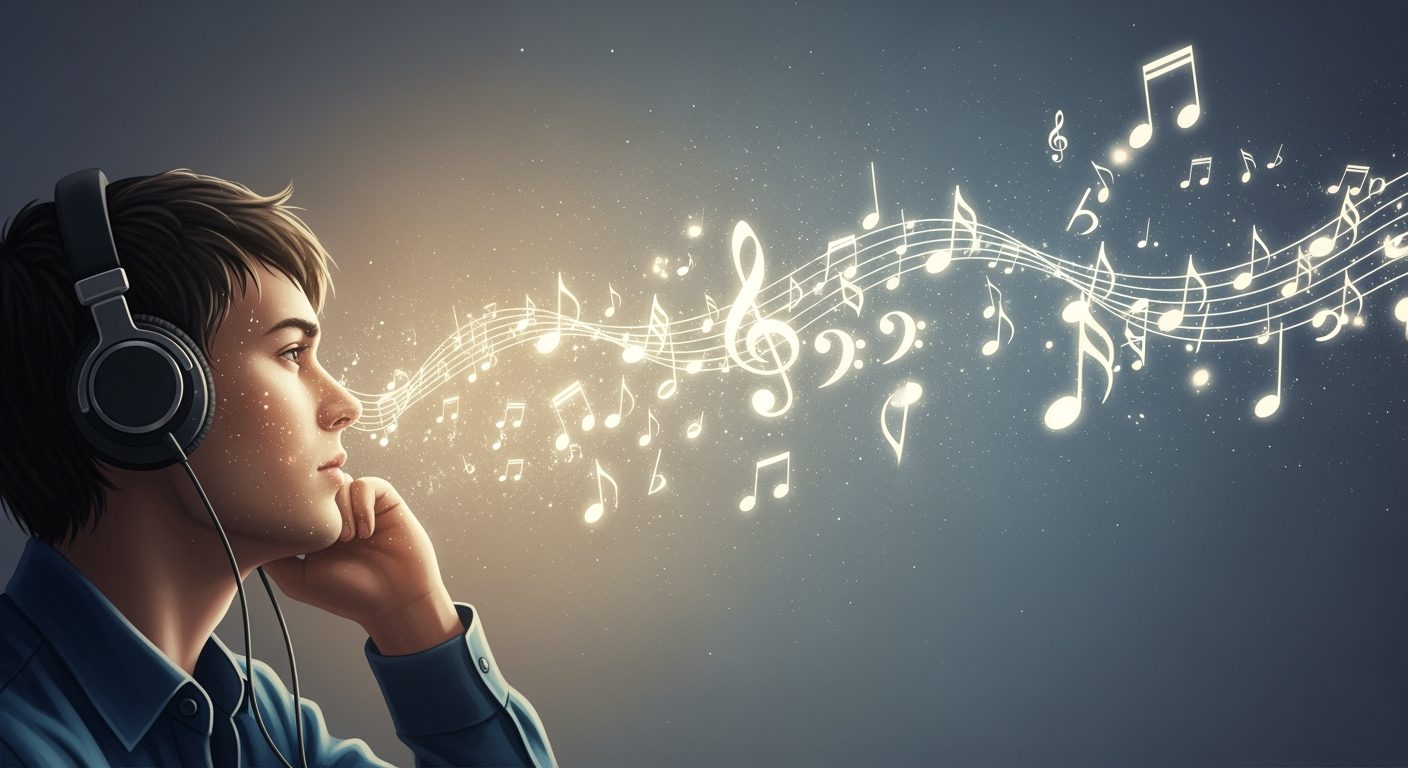 헤드폰을 쓰고 음악을 감상하는 사람의 귀에서 음표와 빛이 뿜어져 나오는 판타지 이미지