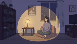 어두운 방 한가운데 스탠드 조명 아래에서 편안하게 앉아 혼자만의 시간을 보내고 있는 여성의 모습.