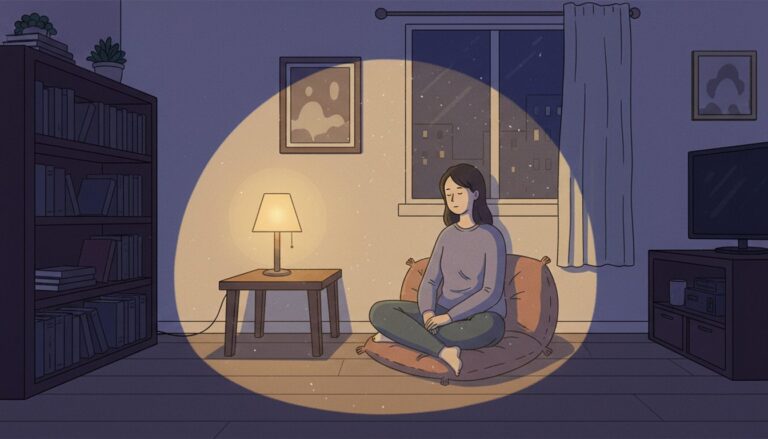 어두운 방 한가운데 스탠드 조명 아래에서 편안하게 앉아 혼자만의 시간을 보내고 있는 여성의 모습.