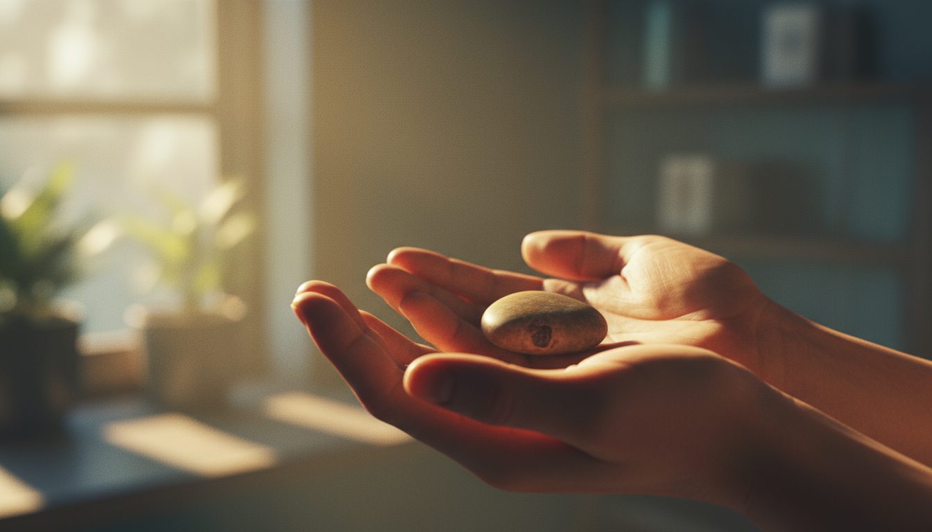 햇살이 비치는 창가에서 양손으로 매끄러운 조약돌을 소중히 감싸 쥐고 있는 모습