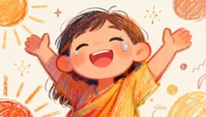 크레용으로 그린 듯한 질감의 그림으로, 두 팔을 벌리고 밝게 웃으며 기뻐하는 아이의 얼굴