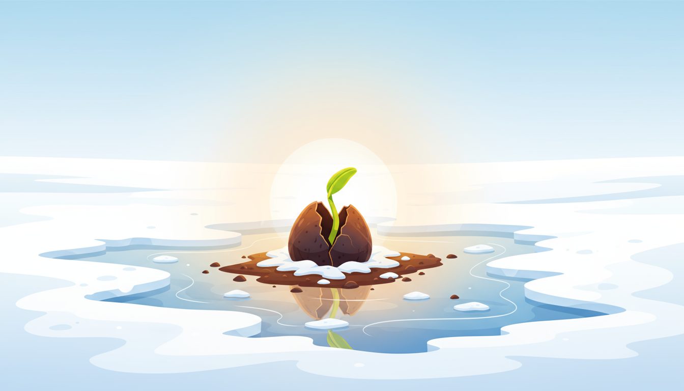 꽁꽁 얼어붙은 얼음 위에서 싹을 틔우고 있는 씨앗의 클로즈업 이미지.