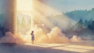 창문에서 쏟아지는 빛과 먼지 입자 속에서 숲을 바라보는 어린 소녀의 뒷모습, 수채화 일러스트
