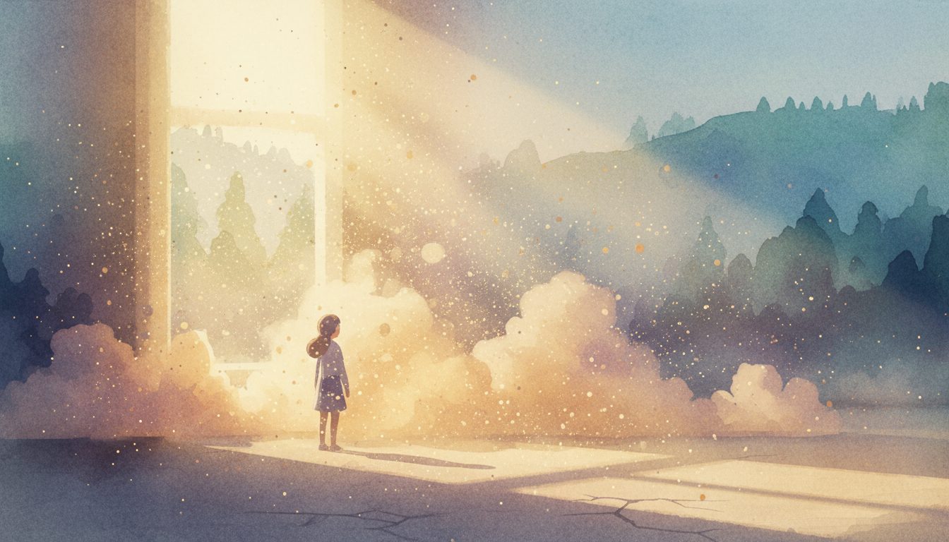 창문에서 쏟아지는 빛과 먼지 입자 속에서 숲을 바라보는 어린 소녀의 뒷모습, 수채화 일러스트