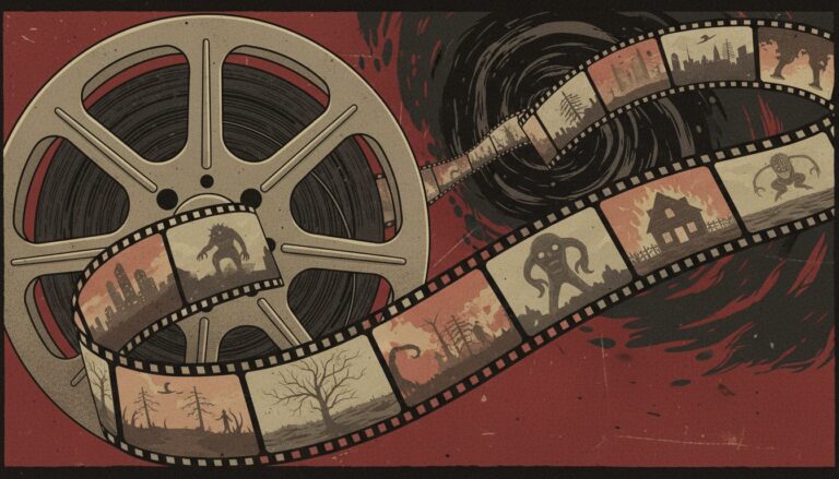 뒷담화 많은 무리에 끼지 않고 자연스럽게 멀어지는 법 2 낡은 필름 릴에서 괴물, 유령의 집, 으스스한 풍경 등의 공포 영화 장면이 펼쳐지는 빈티지 일러스트