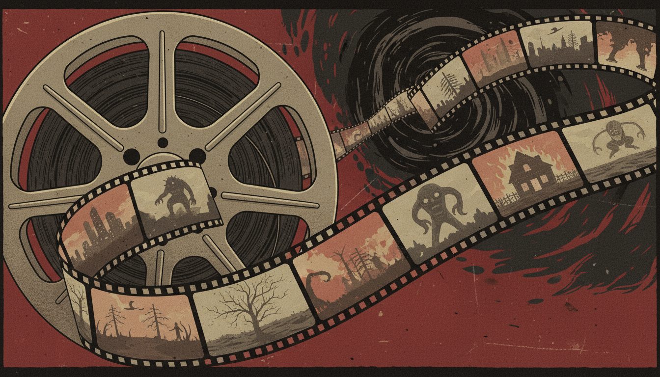 낡은 필름 릴에서 괴물, 유령의 집, 으스스한 풍경 등의 공포 영화 장면이 펼쳐지는 빈티지 일러스트