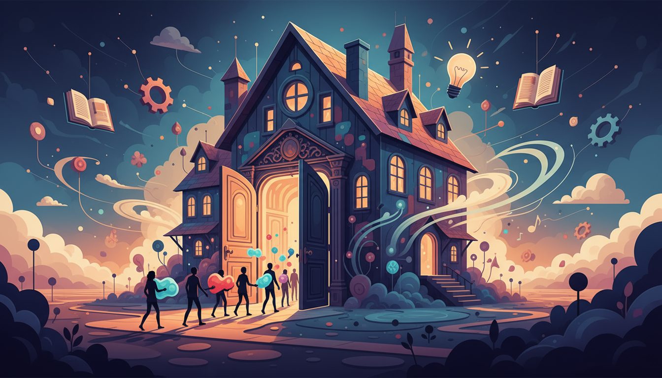지식과 아이디어를 상징하는 책, 전구, 톱니바퀴가 떠다니는 신비로운 집으로 사람들이 들어가는 모습