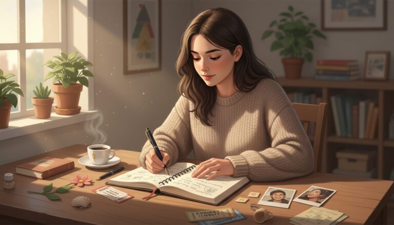 햇살이 비치는 창가에 앉아 다이어리나 일기를 쓰고 있는 여성의 모습. 책상 위에는 커피, 펜, 추억이 담긴 소품들이 놓여있다.