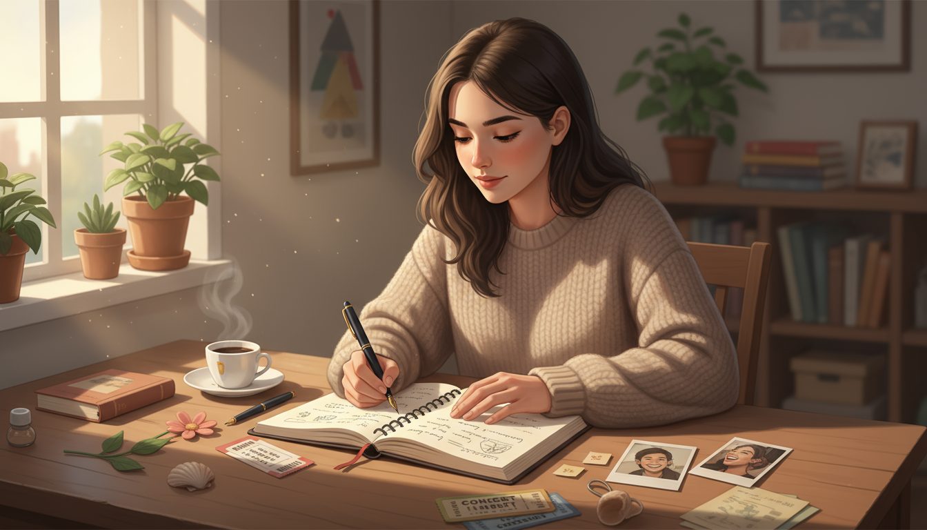 마음 터놓고 이야기할 사람이 한 명도 없는 것 같을 때 1 햇살이 비치는 창가에 앉아 다이어리나 일기를 쓰고 있는 여성의 모습. 책상 위에는 커피, 펜, 추억이 담긴 소품들이 놓여있다.