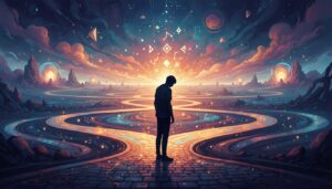 빛과 별이 가득한 거대한 우주적 풍경 속에서 물결치는 길 위에 홀로 서서 고뇌하는 사람의 뒷모습.